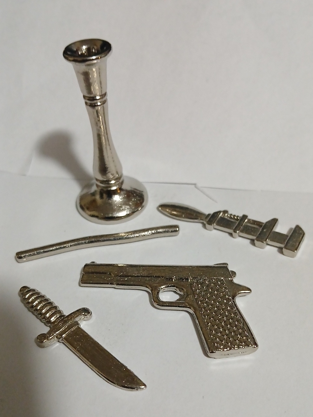 Silver Clue Board Game Pieces Knife, Gun, Wrench, Lead Pipe & Candlestick